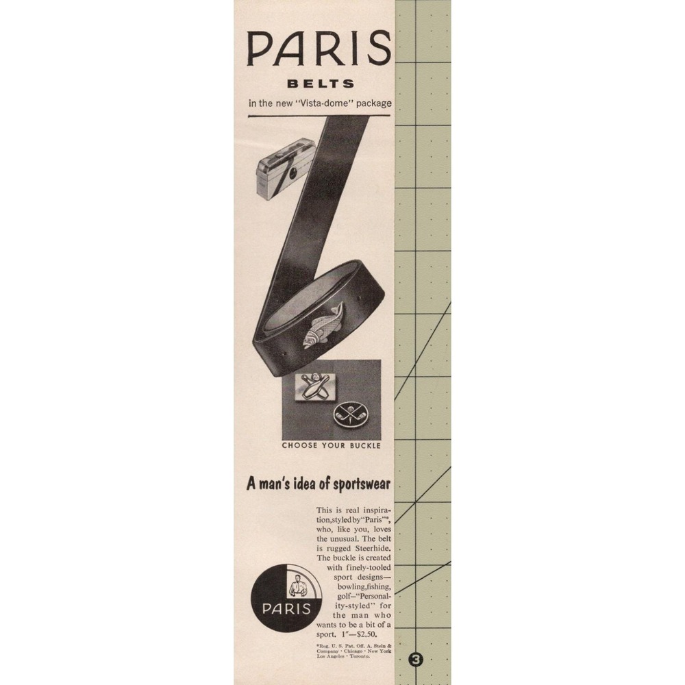 Paris Mens Sports Steerhide Belts Mid Century Fashion Vintage Print Ad 1958